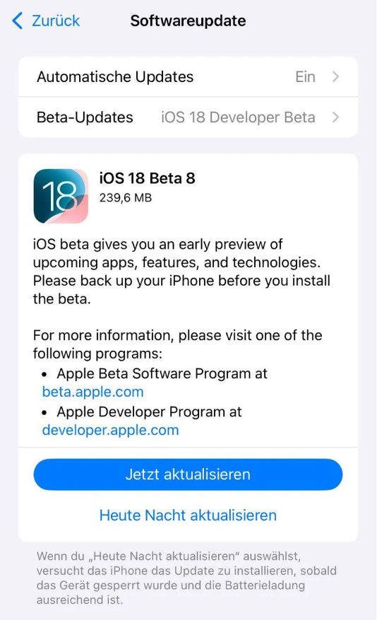 清河门苹果手机维修分享苹果 iOS / iPadOS 18 开发者预览版 Beta 8 发布 